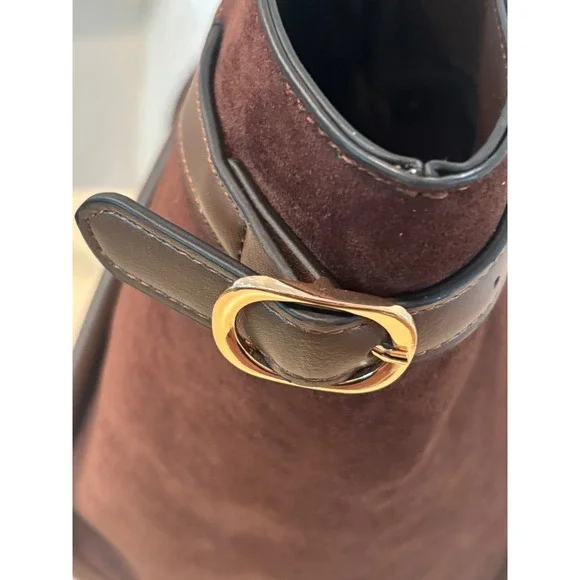 ASOS DESIGN Brown Faux Suede Tote Bag Tan Trim Gold Buckle Large Shoulder Bag - Picture 6 of 11